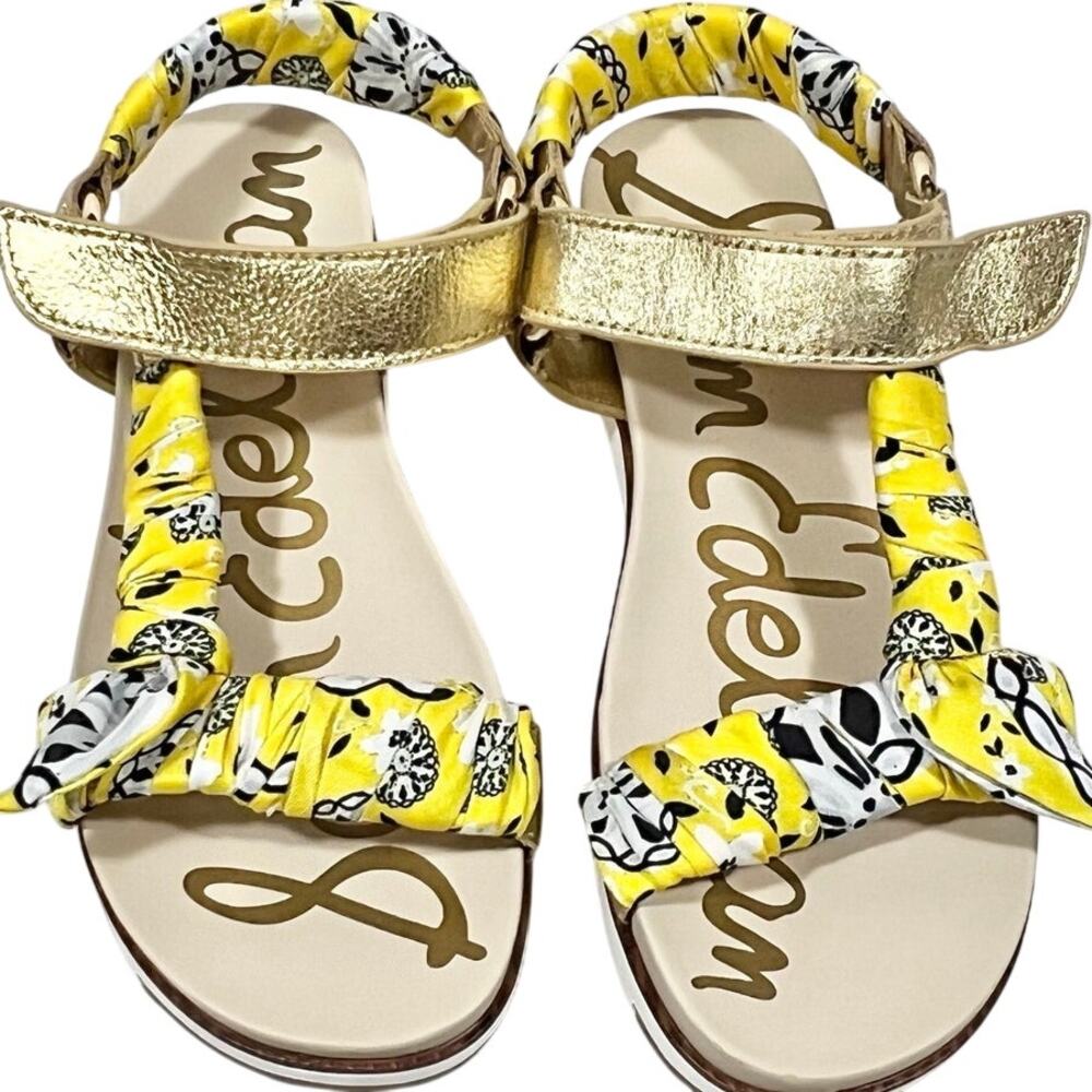 Sam Edelman Ashie Dark Gold Lemon Zest Wedge Sandals Floral Scarf Straps 7M